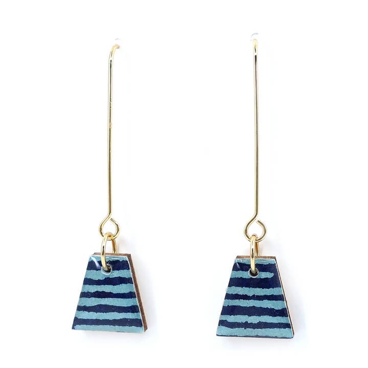 Blue striped Washi long earrings with 18K gold plated hook for wholesale by autumn + tree