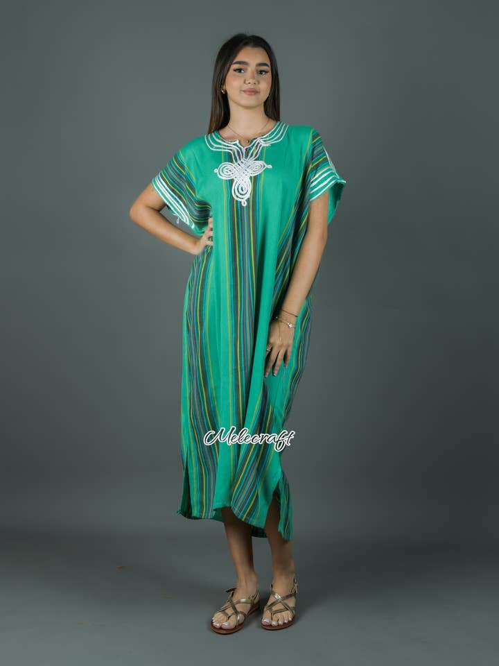 Melecraft - Vendita all'ingrosso Caftano - Donna - Caftano a righe marocchino per donna - Gandoura fatta a mano