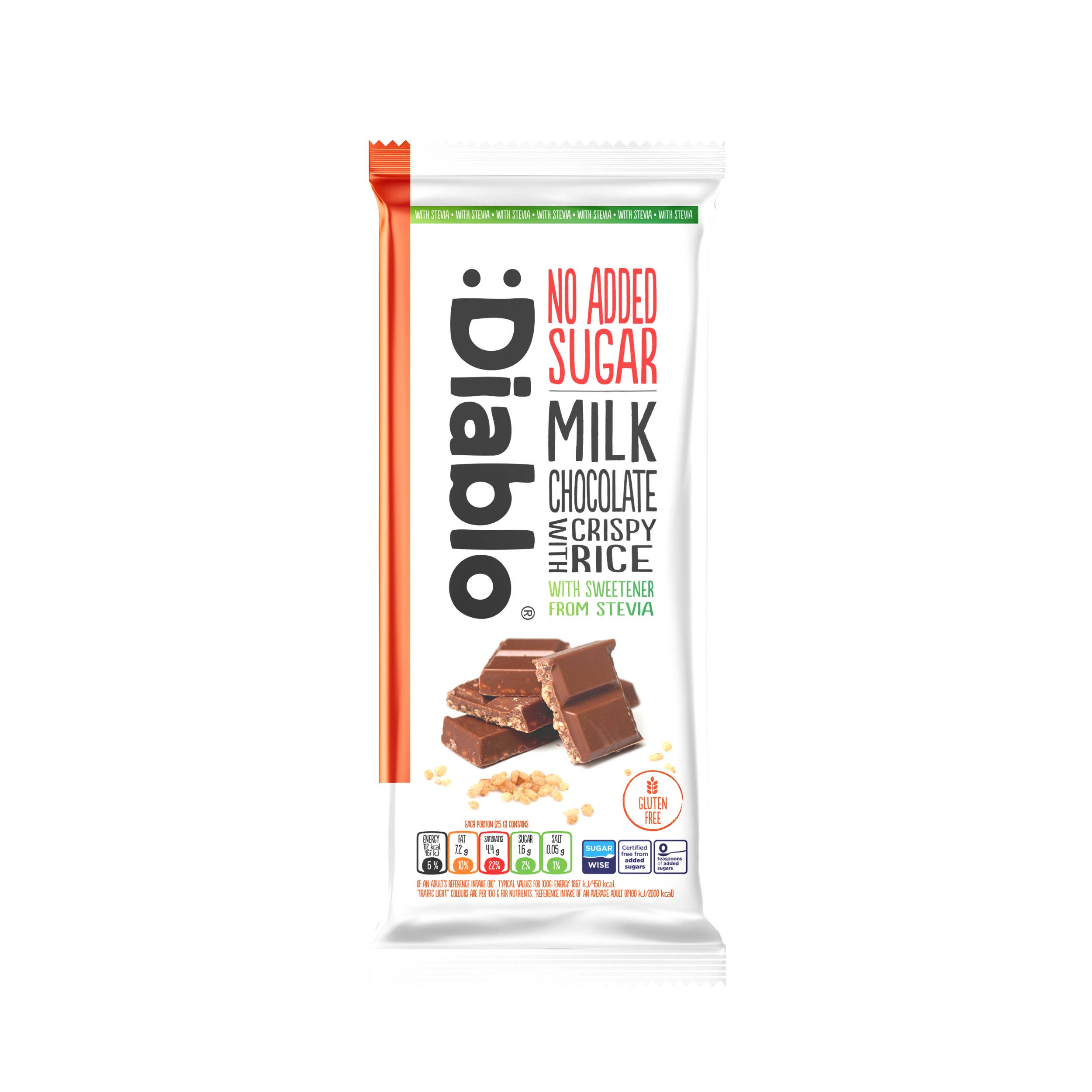 Diablo Sugar Free – wholesale Chocolate bar – :Diablo Stevia Milk Chocolate with Crispy Rice 75g