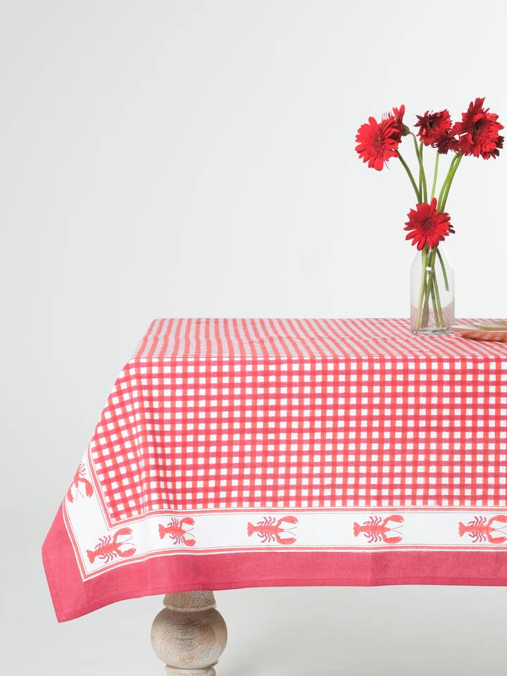 Hummerrote Karo-Blockdruck-Tischdecke für den Großhandel von Inner Child