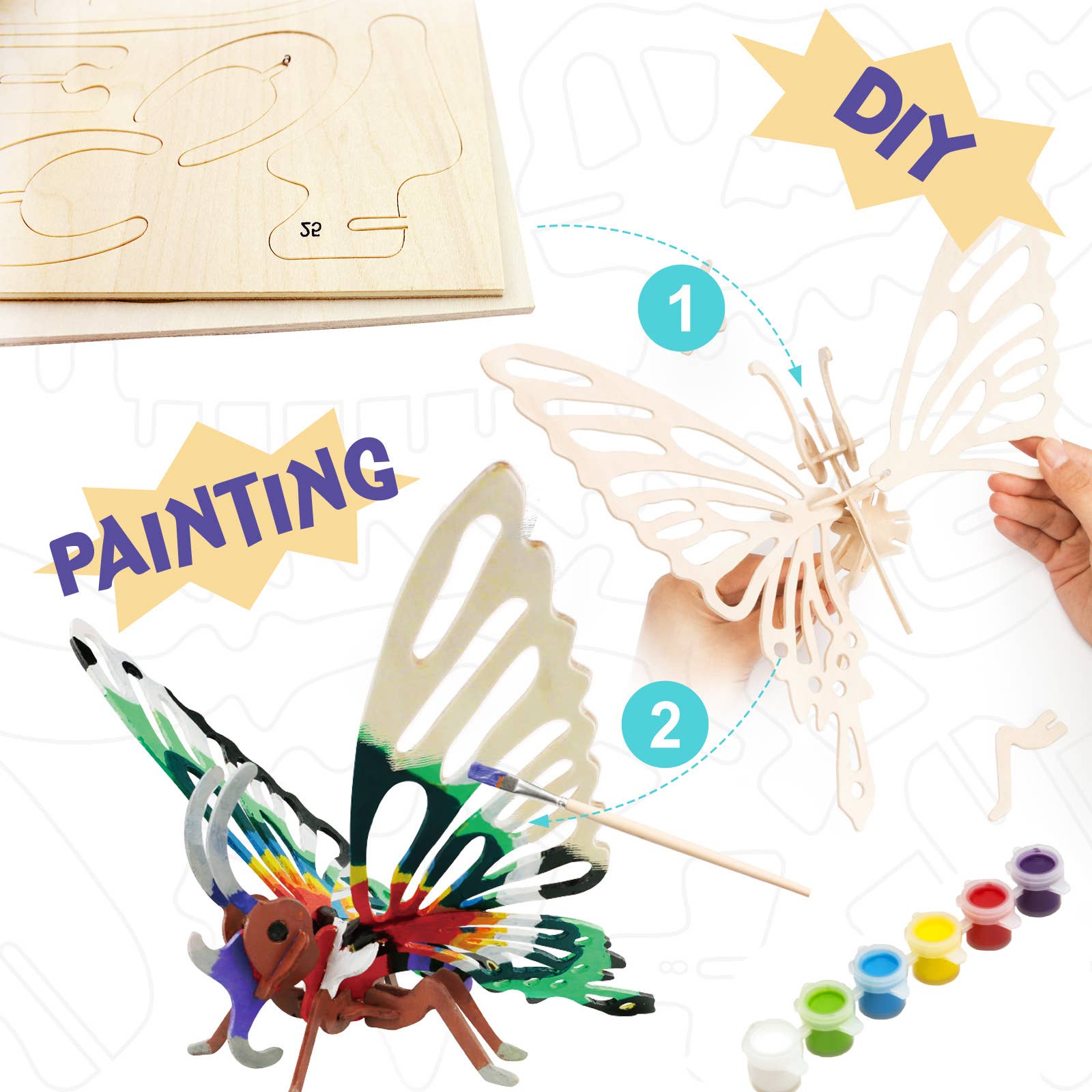 Hands Craft - Vente Kit de bricolage – enfant - Puzzle en bois 3D avec kit de peinture : Papillon3
