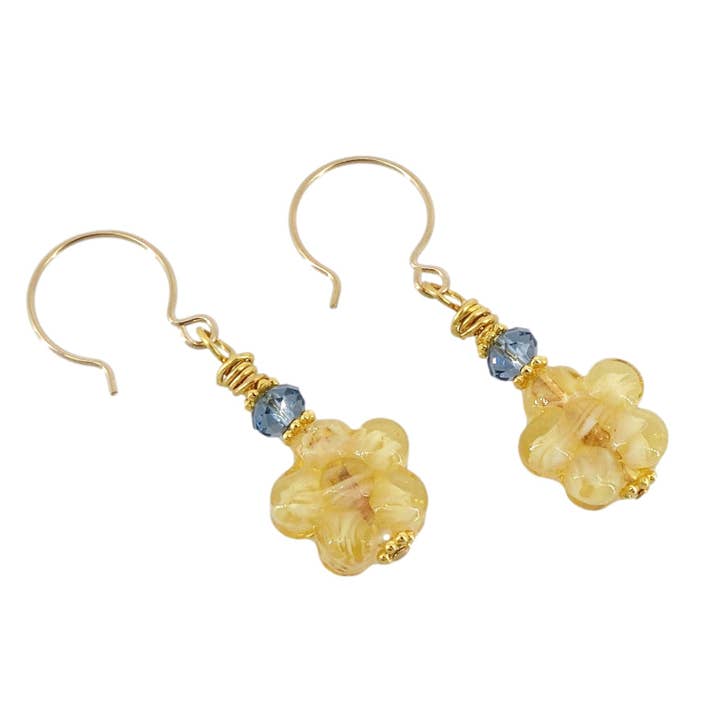 Topaz Floral Murano Bead Earrings with Blue Austrian Crystal on Gold Filled Earring Wires for wholesale by Viktoria Simonë