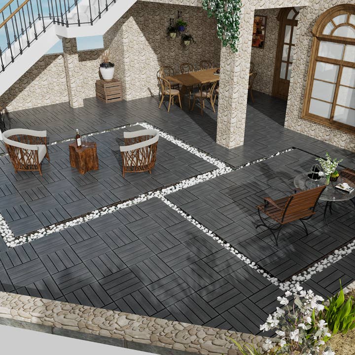 Orange County Decor - Wholesale Outdoor Ornament/Decor - Patio Floor Tiles Pack Of 22 Wpc Wood Plastic Composite Patio Deck Tiles Diy Interlocking Decking Tiles, Quick Deck Floor Tile, Court Tile, Water Resistant Indoor Outdoor 11.8" Ash Dark Gray Plastic8