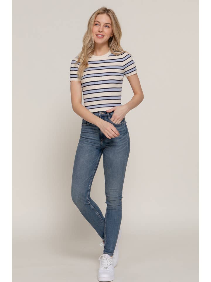 Active Basic | Active USA - Wholesale Knit Top - Women's - Short Sleeve Crew Neck Multi Stripe Spring Sweater11