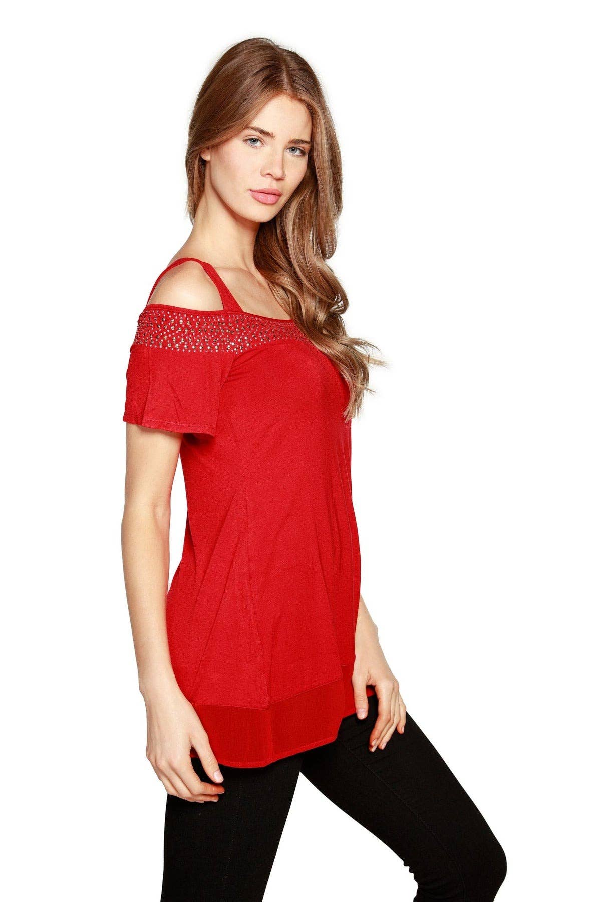 Belldini - Wholesale Blouse - Women's - Women's Cold Shoulder Tunic with Studs and Sequins24