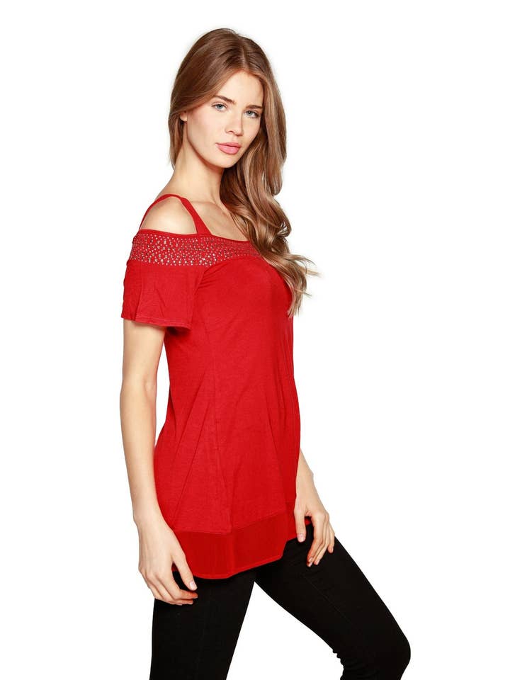 Belldini - Wholesale Blouse - Women's - Women's Cold Shoulder Tunic with Studs and Sequins24