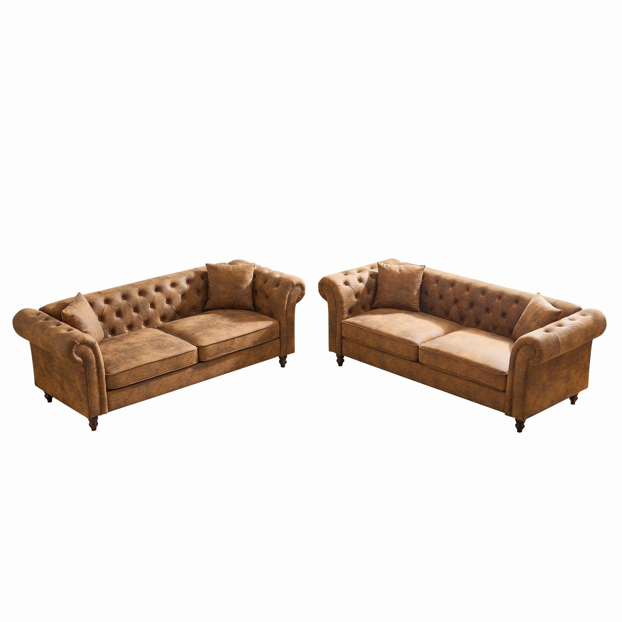 HOMYCASA DESIGN INC - Vente Canapés - Ensemble de canapés Chesterfield en similicuir 3+3 places, tissu haute technologie, accoudoir roulé, canapé rembourré, marron4