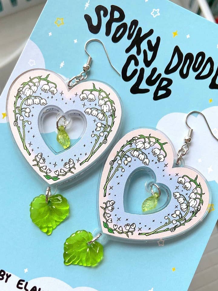 Everlasting Lily Earrings - Acrylic Lily of the Valley Heart for wholesale by Spooky Doodle Club