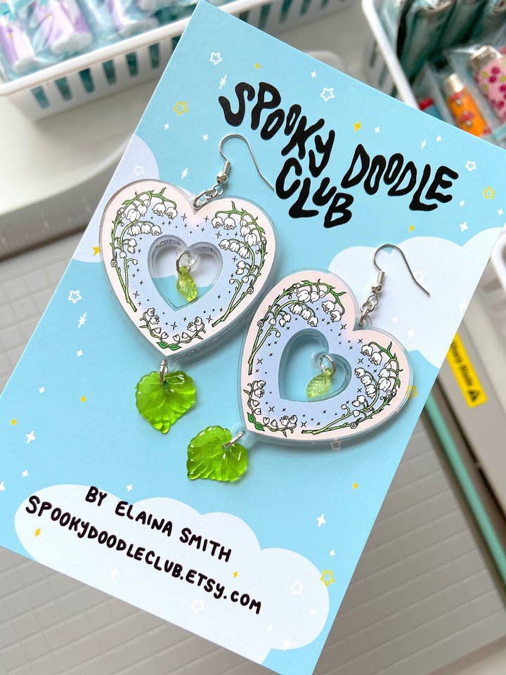 Everlasting Lily Earrings - Acrylic Lily of the Valley Heart for wholesale by Spooky Doodle Club