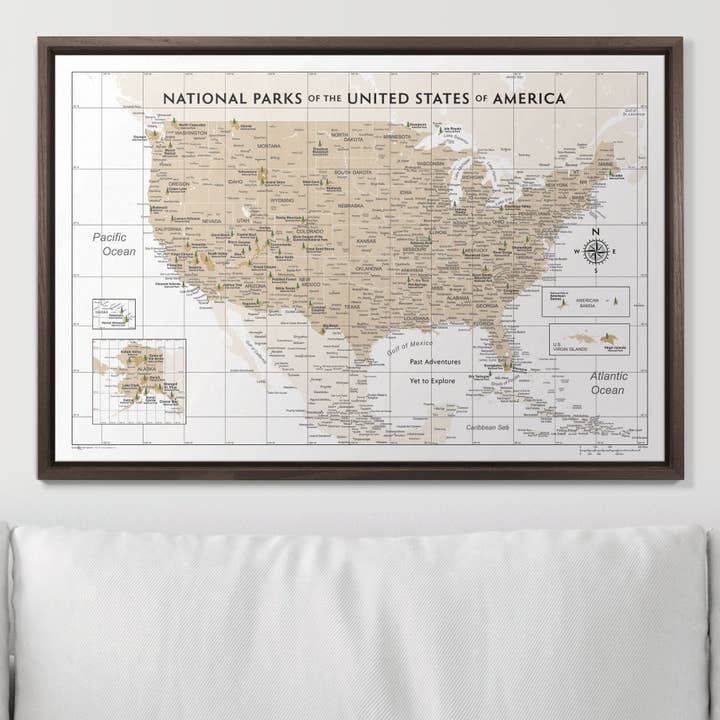 Conquest Maps - Wholesale Map - Push Pin National Parks Map - Light Brown Color Splash - Pins Included!3