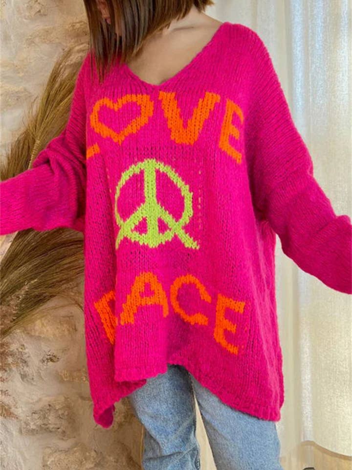 Rosa Clothing - Wholesale Tunic Sweater - Women's - Love and Peace v-neck loose Knit Sweater