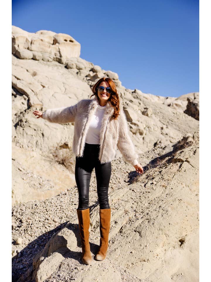 Champagne Fox Faux Fur Parkside Bomber Jacket for wholesale on Faire
