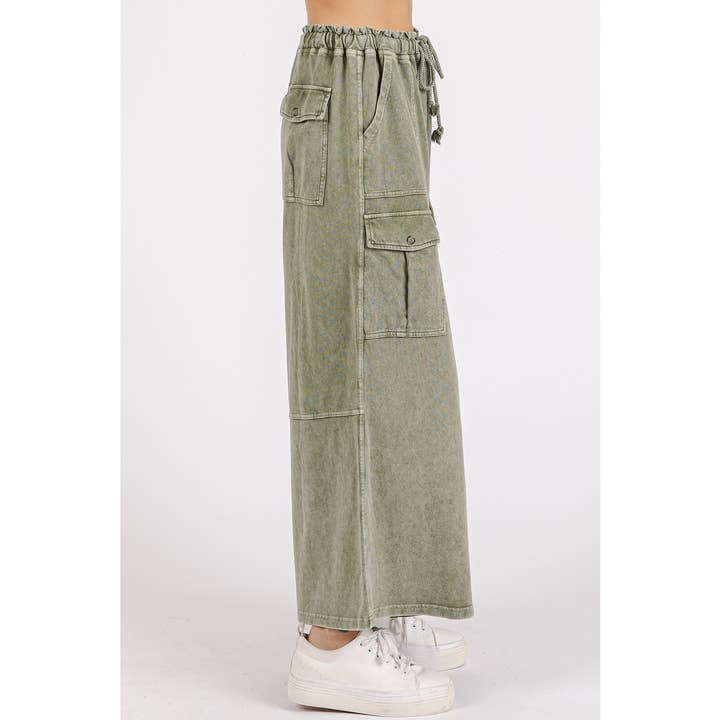 mittoshop - Wholesale Pants - Women's - WASHED FRENCH TERRY CARGO ELASTIC WAIST WIDE LEG PANTS