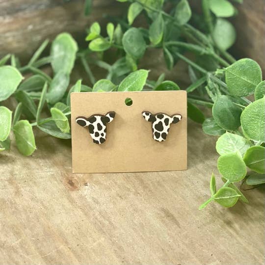 Cow Print Cow Head Earring Studs for wholesale by The Bohemian Bull LLC