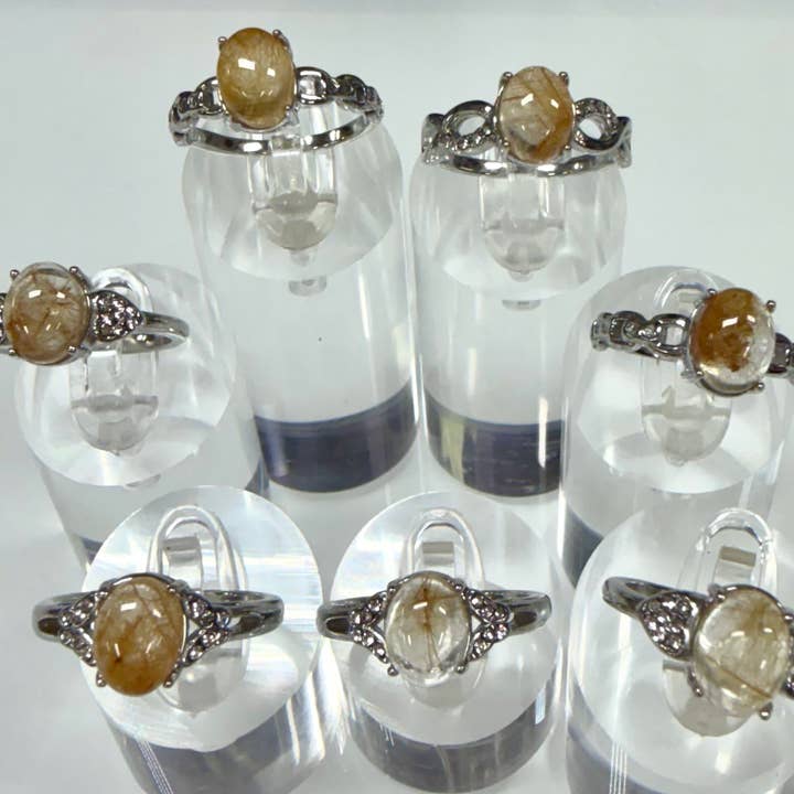 Natural Gold Rutilated Quartz Stainless Steel Rings 7x9mm for wholesale by KayleeNYC