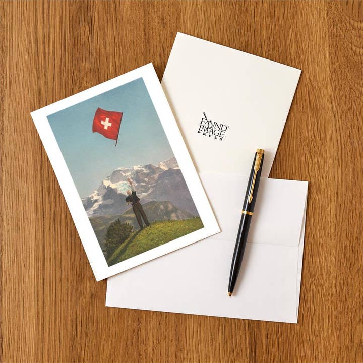 Found Image Press - Venta al por mayor Conjunto de papelería y tarjetas - Tarjeta de Felicitación MF-294 Bandera Suiza sobre los Alpes