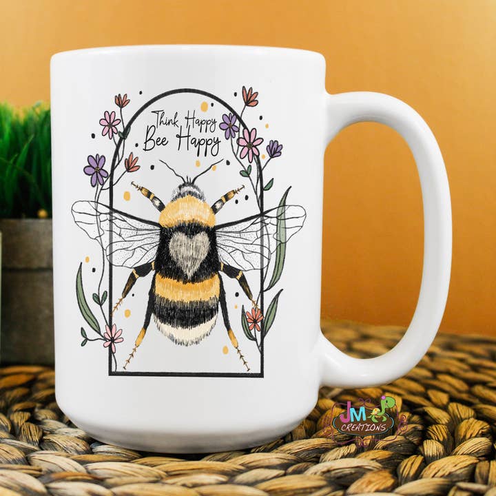 JMCreationsNC - Wholesale Coffee Mug - 15oz Think Happy Bee Happy Mug0