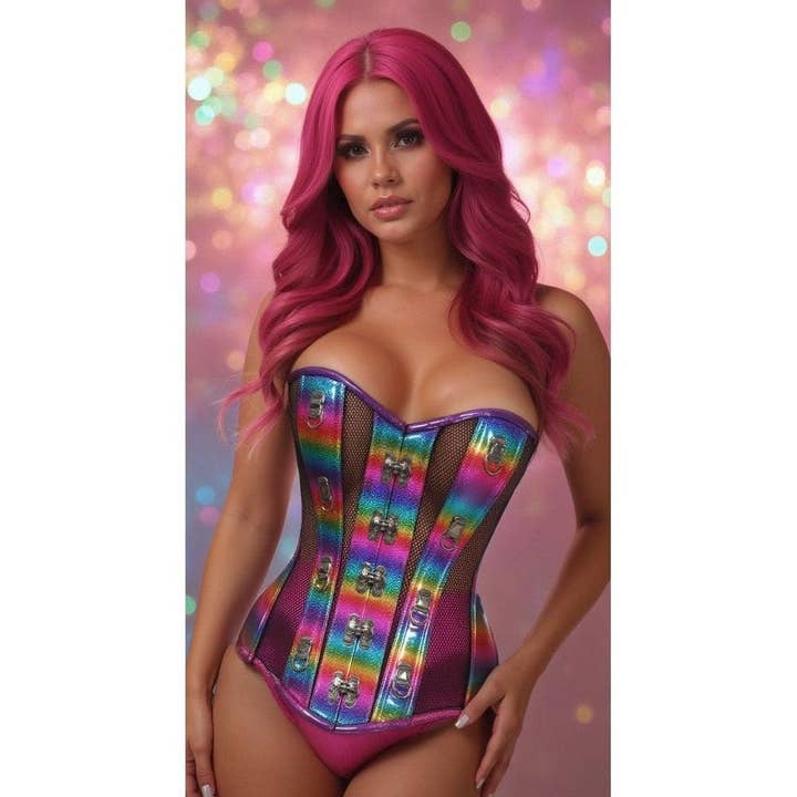 Top Drawer Rainbow Glitter PVC & Black Fishnet Steel Boned Over Bust Corset for wholesale by Daisy Corsets