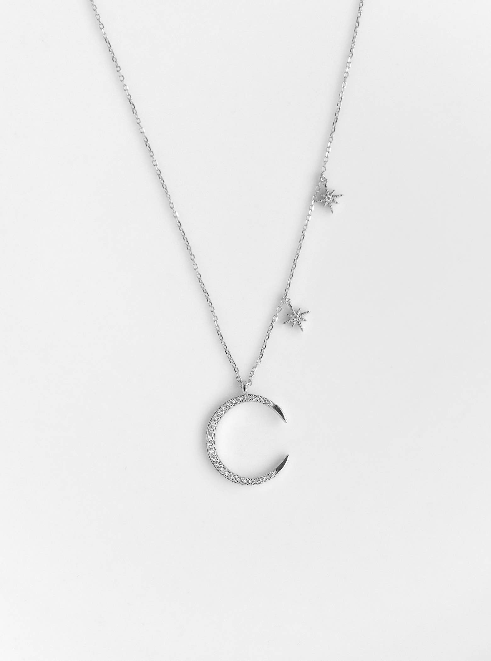 FELIX Z DESIGNS - Wholesale Pendant/Charm Necklace - 16"+2" 925 Silver CZ Crescent Necklace w/ 2 Dangling Stars2