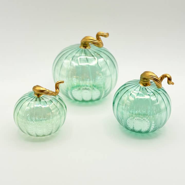 Dandarah (Ships from Canada) - Wholesale Decorative Tabletop Object - Blown Glass Tabletop Pumpkin - Iridescent Emerald with Gold Stem1