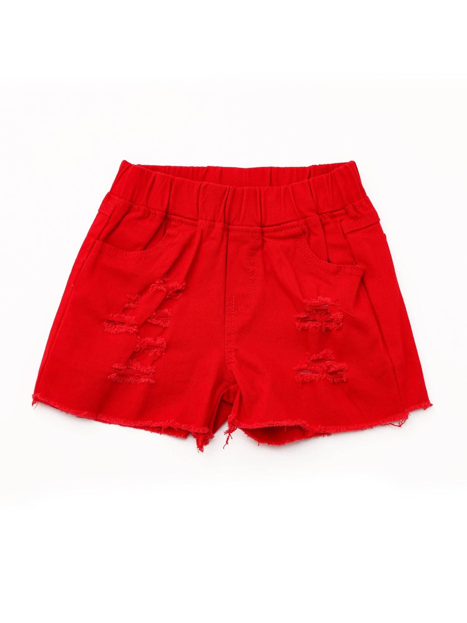 sassy kids palace - Venta al por mayor Pantalón corto -Niños - Pantalones cortos de mezclilla rojos desgastados para niñas0