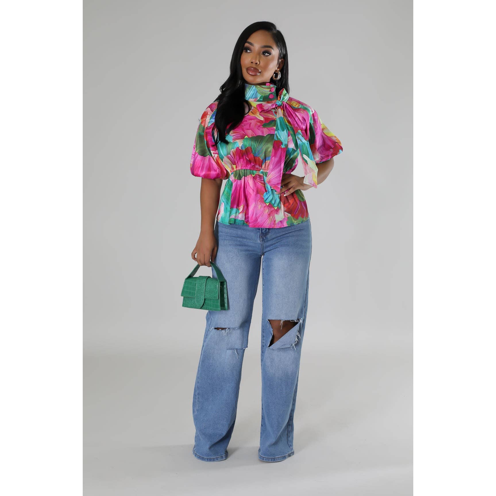 MULTI Short Sleeve Mock Neck Tied Blouse Shirts for wholesale on Faire1