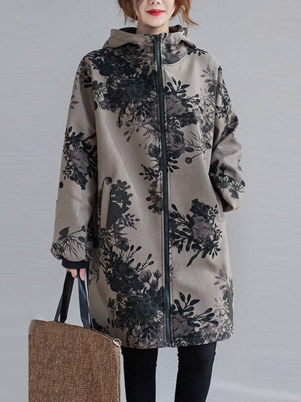 SAME AS PICTURE Artistic Retro Loose Floral Printed Hooded Long Sleeves Outwear for wholesale on Faire1