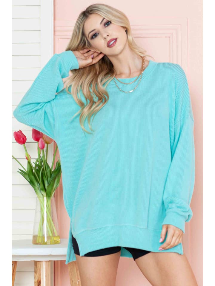 Burgundy Apparel - Wholesale Sweatshirt - Women's - WAVE RIB OVERSIZED SWEATSHIRT WITH SIDE SLIT - FALL