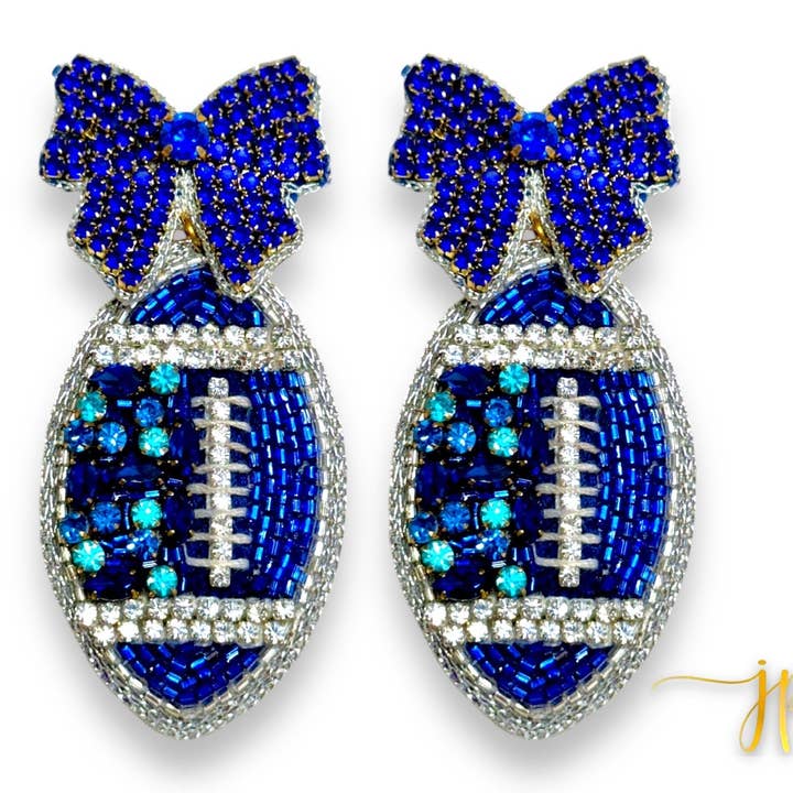 Game Day Blue Coquette Bow Rhinestone Football Earrings for wholesale by Jenny Patrick Designs ™