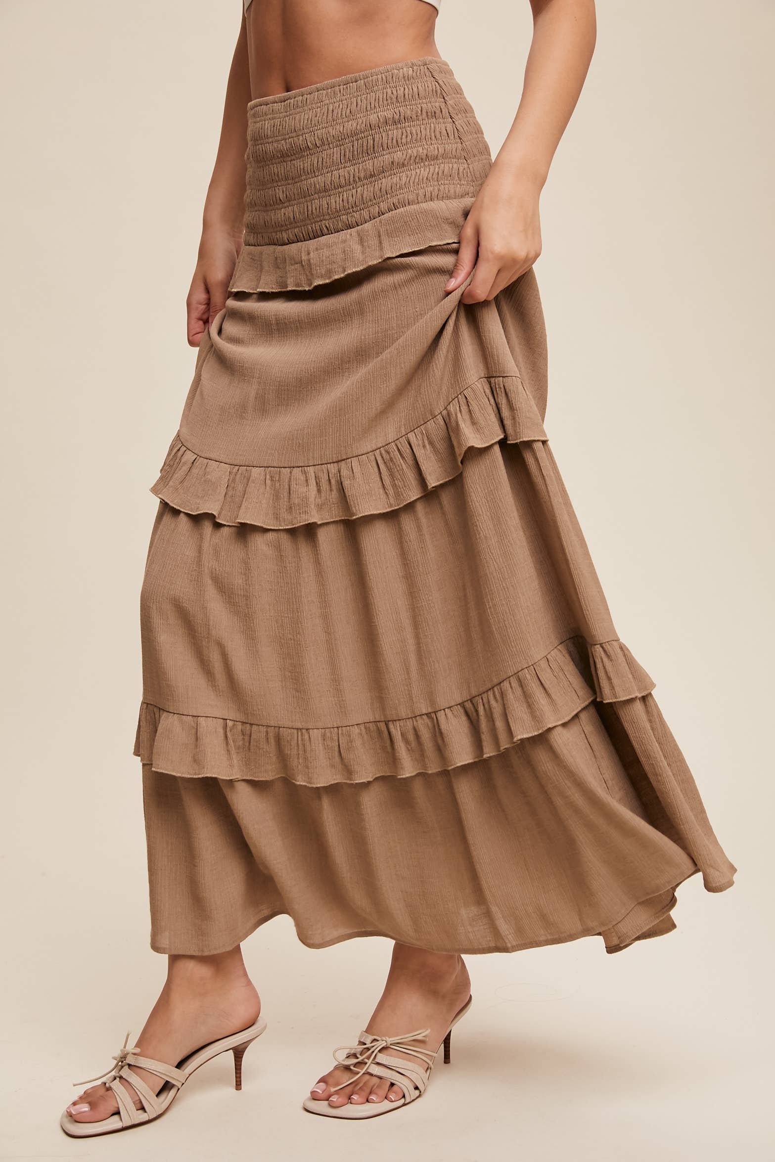 Listicle - Wholesale Skirt - Women's - 2-Way Smocked Ruffle Tiered Midi Dress or Skirt1