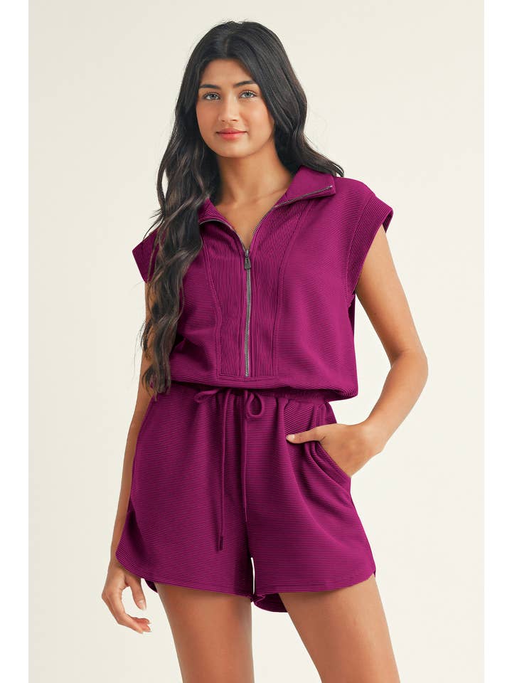 Little Daisy Closet - Wholesale Romper - Women's - LDC Textured Short Sleeve Half Zip Drawstring Waist Romper