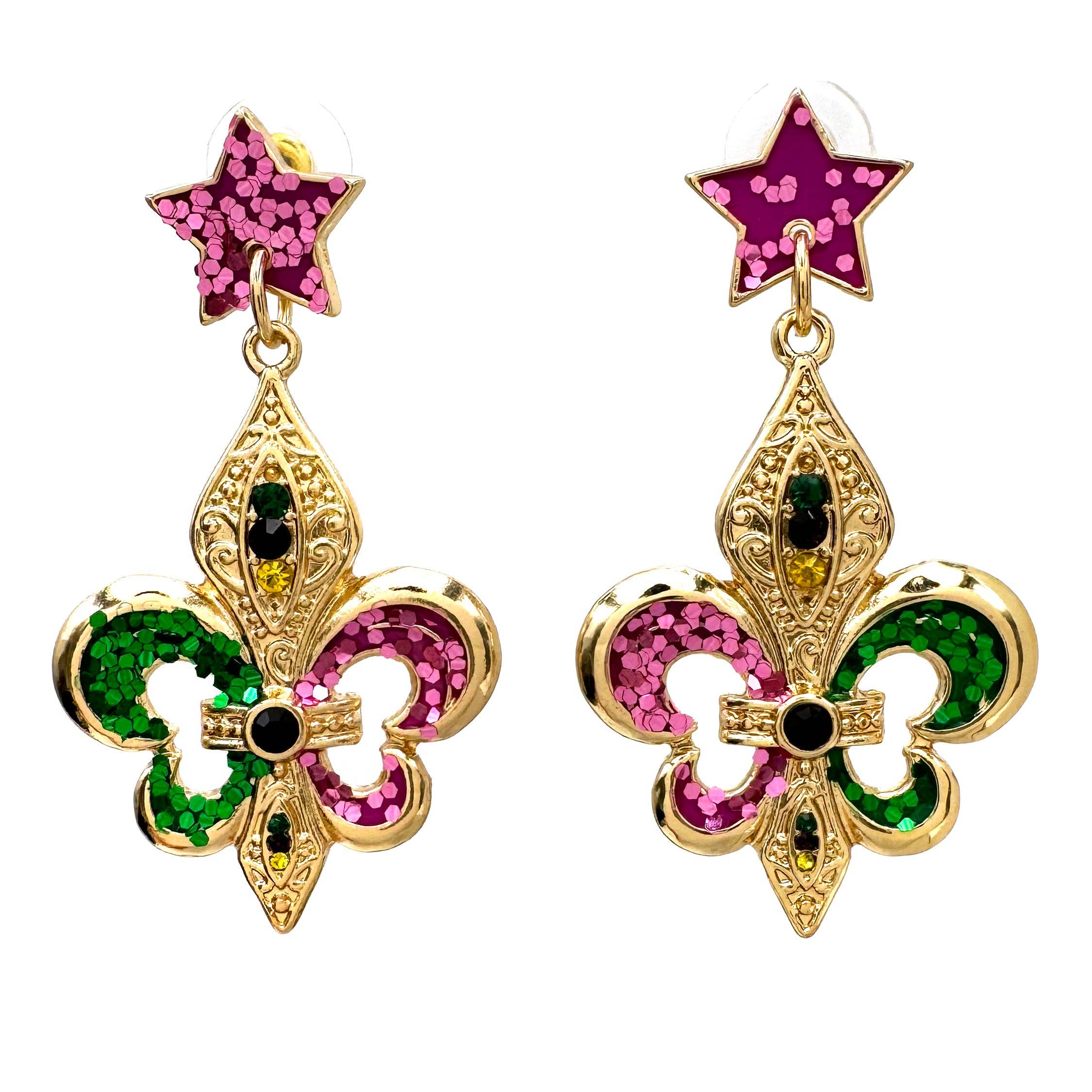 Lunar Deer - Wholesale Dangle Earrings - Mardi Gras Star Gold Fleur De Lis Earrings0