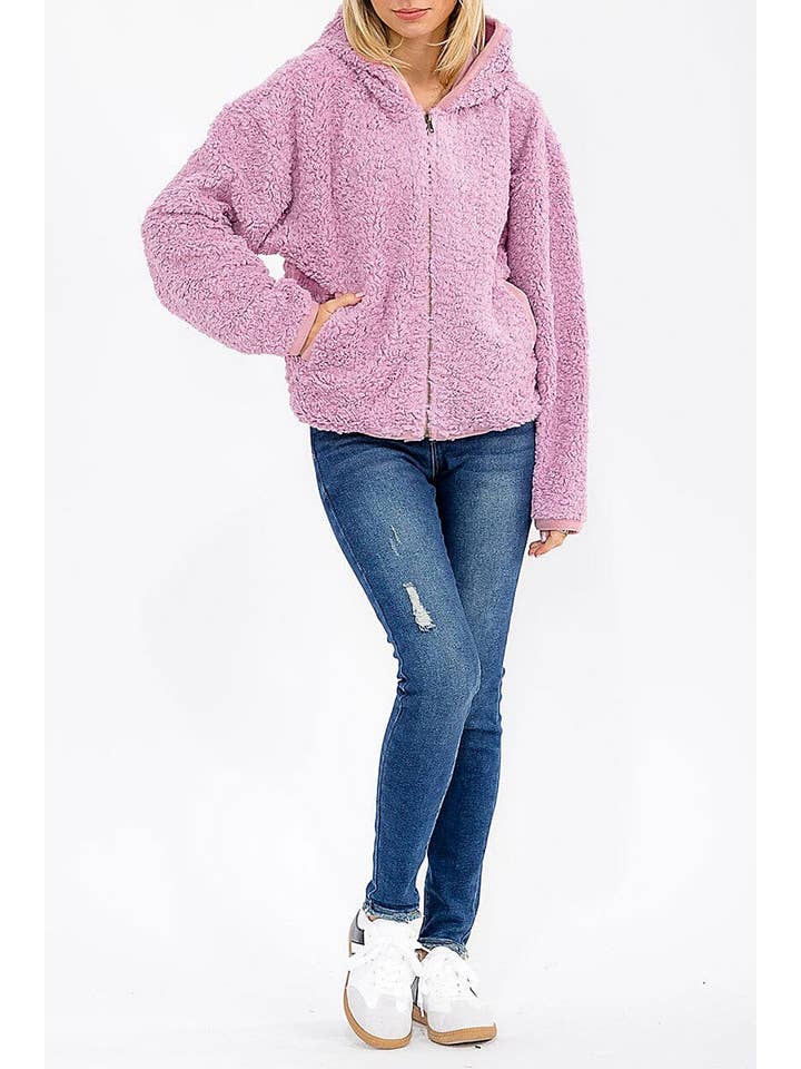 ROUSSEAU - Wholesale Jacket - Women's - SOLID SHERPA HOODED ZIP UP POCKET FRONT JACKET14