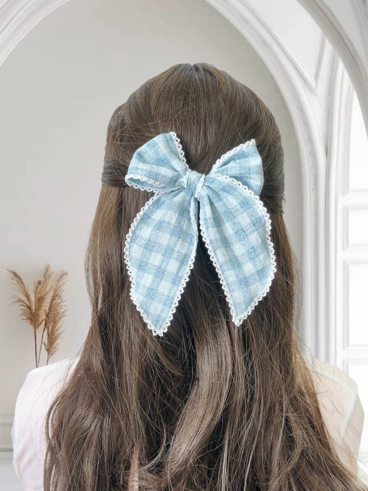 Vintage Checkered Linen Lace Hair Bow, Christmas Hair Clip for wholesale by Belle Linen