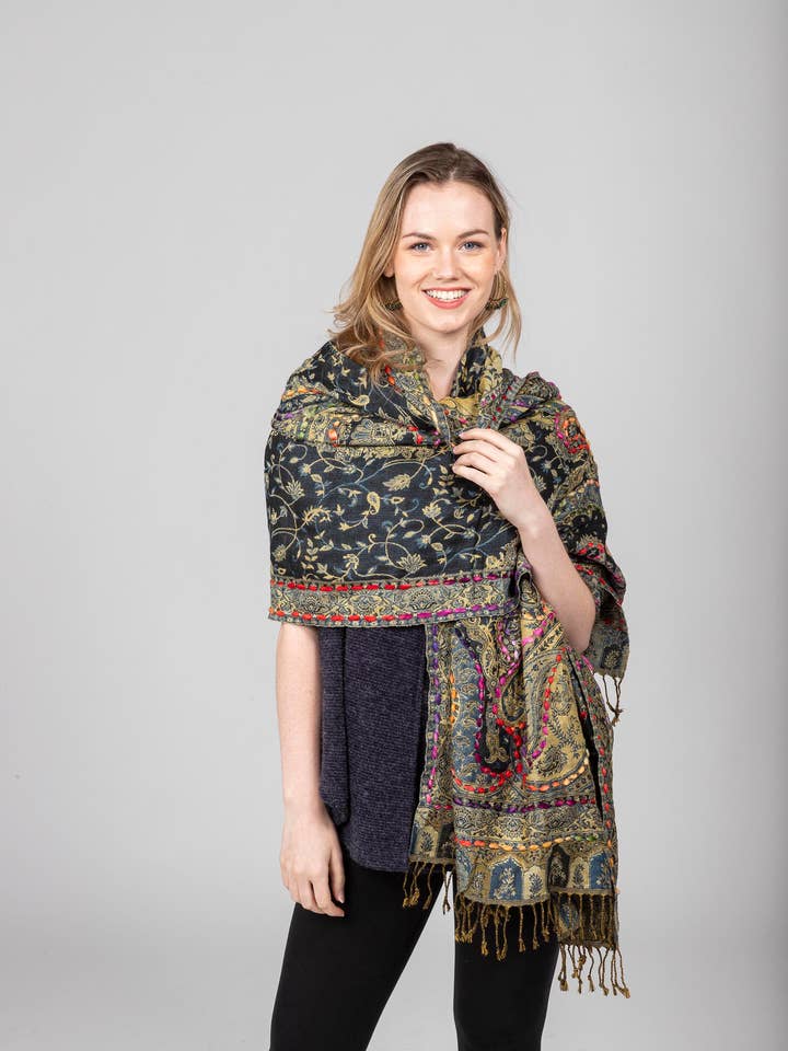 Varanasi Light Embroidered Paisley Scarf/Shawl. for wholesale by Windhorse Trading Inc