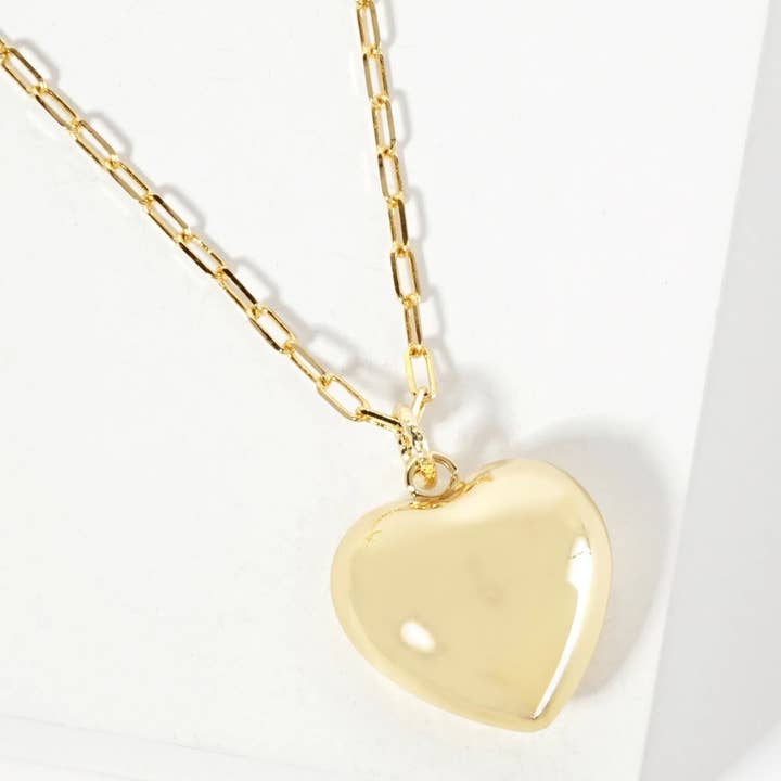 Wild Honey - Wholesale Pendant/Charm Necklace - 18K-Gold-Dipped 25mm Hollow Puffy Heart Pendant 18-inch Necklace
