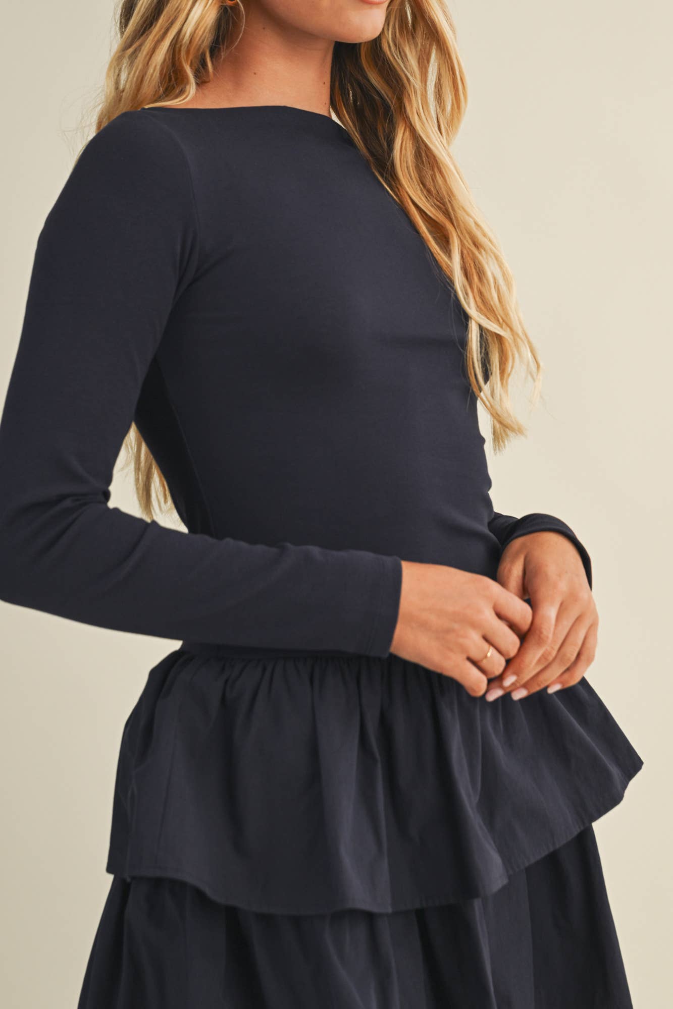 SHADOW BLUE BOAT NECK TIERED RUFFLE DRESS for wholesale on Faire5