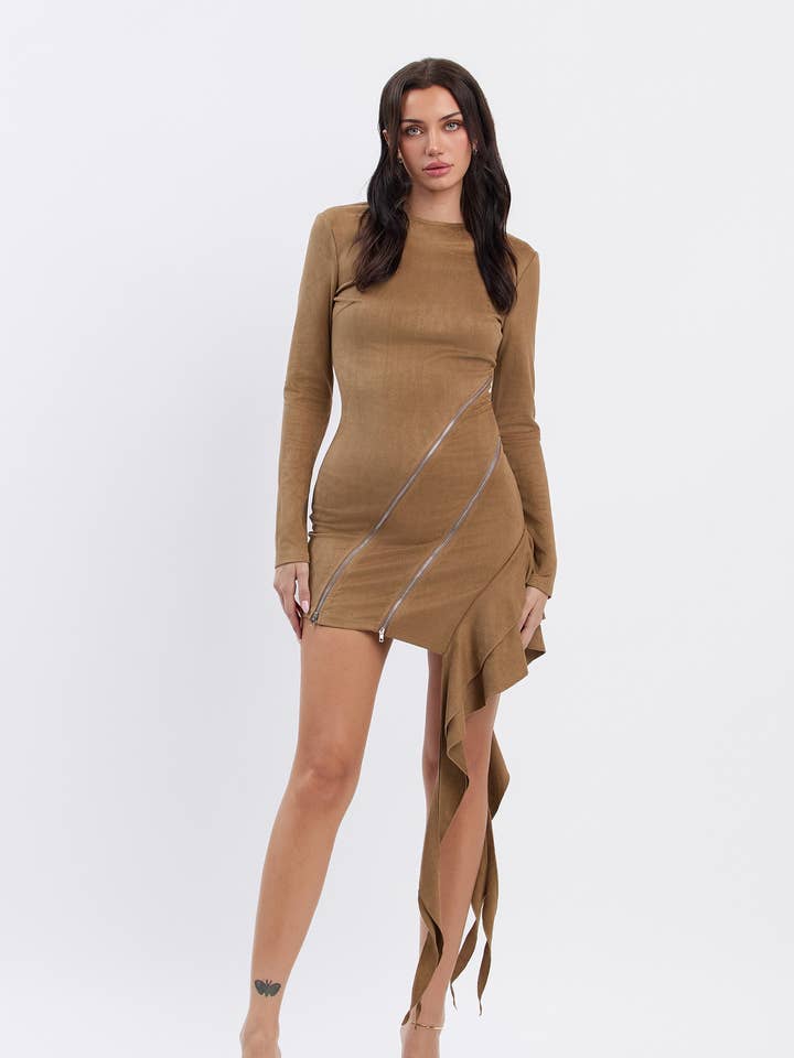 Suede zipper mini dress w/ ruffle detail for wholesale by No Vacancy