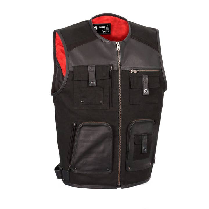 Men's Black Zipper Front Long Length Leather & Jeans Vest for wholesale by Matchless York