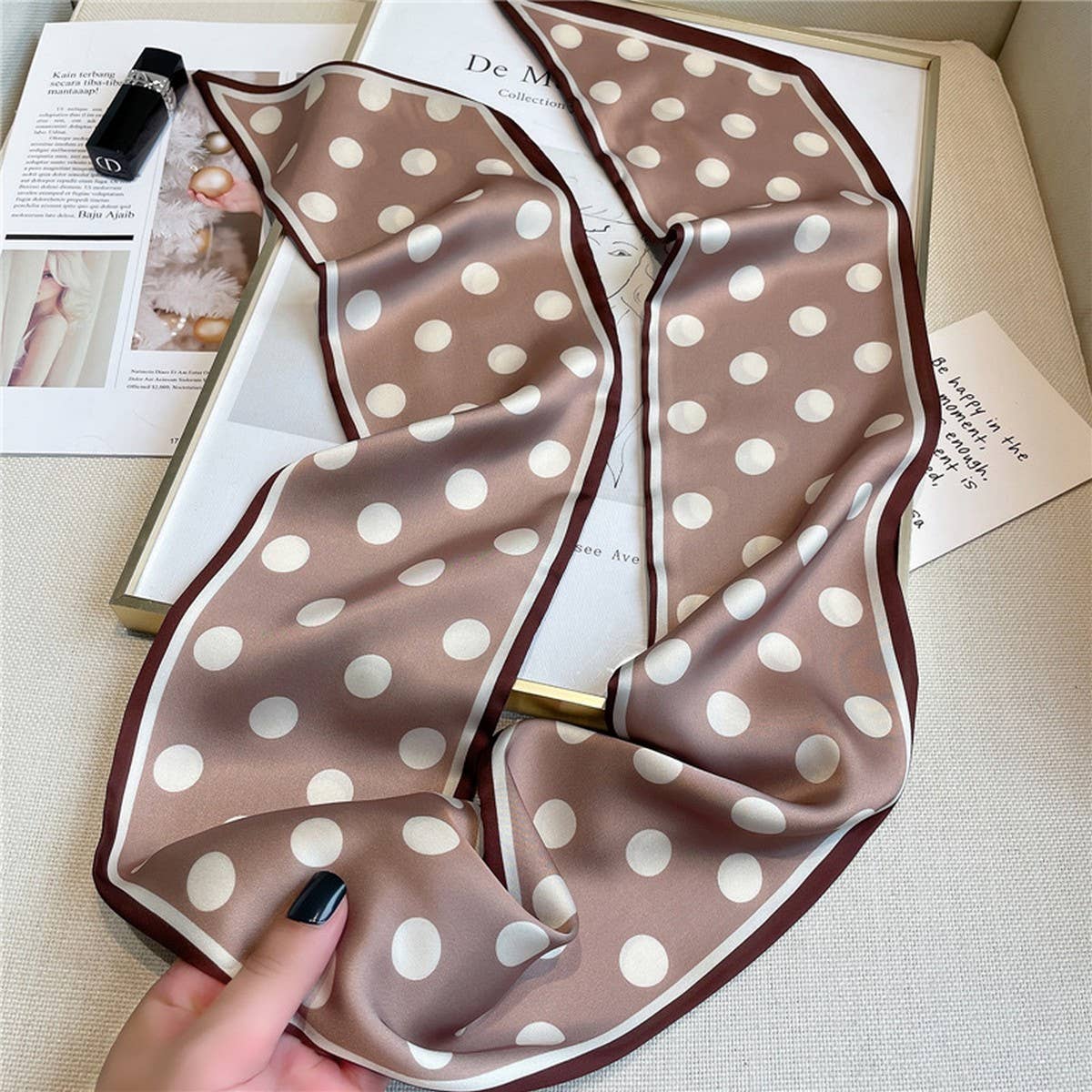 ACCITY - Wholesale Head Scarf - Women's - POLKA DOT SIMPLE GEOMETRIC LONG SILK HEAD SCARF_CWASC15197
