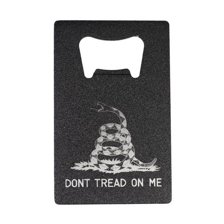Don't Tread On Me Bottle Opener - Slim Credit Card Size for wholesale by Southern Drinking Club