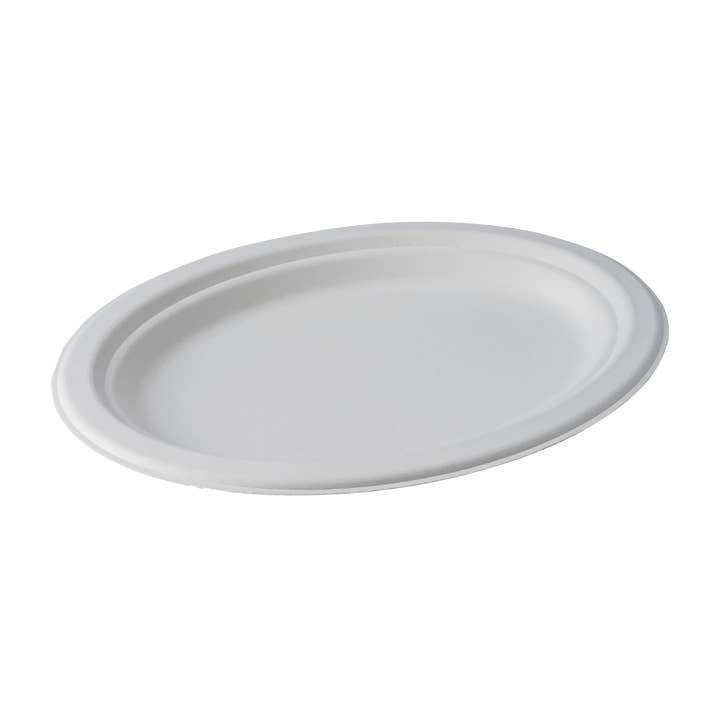 CaliWare 7 1/2" x 10'' No PFAS Added Natural Bagasse Oval Plate - 500/Case for wholesale by CaliWare