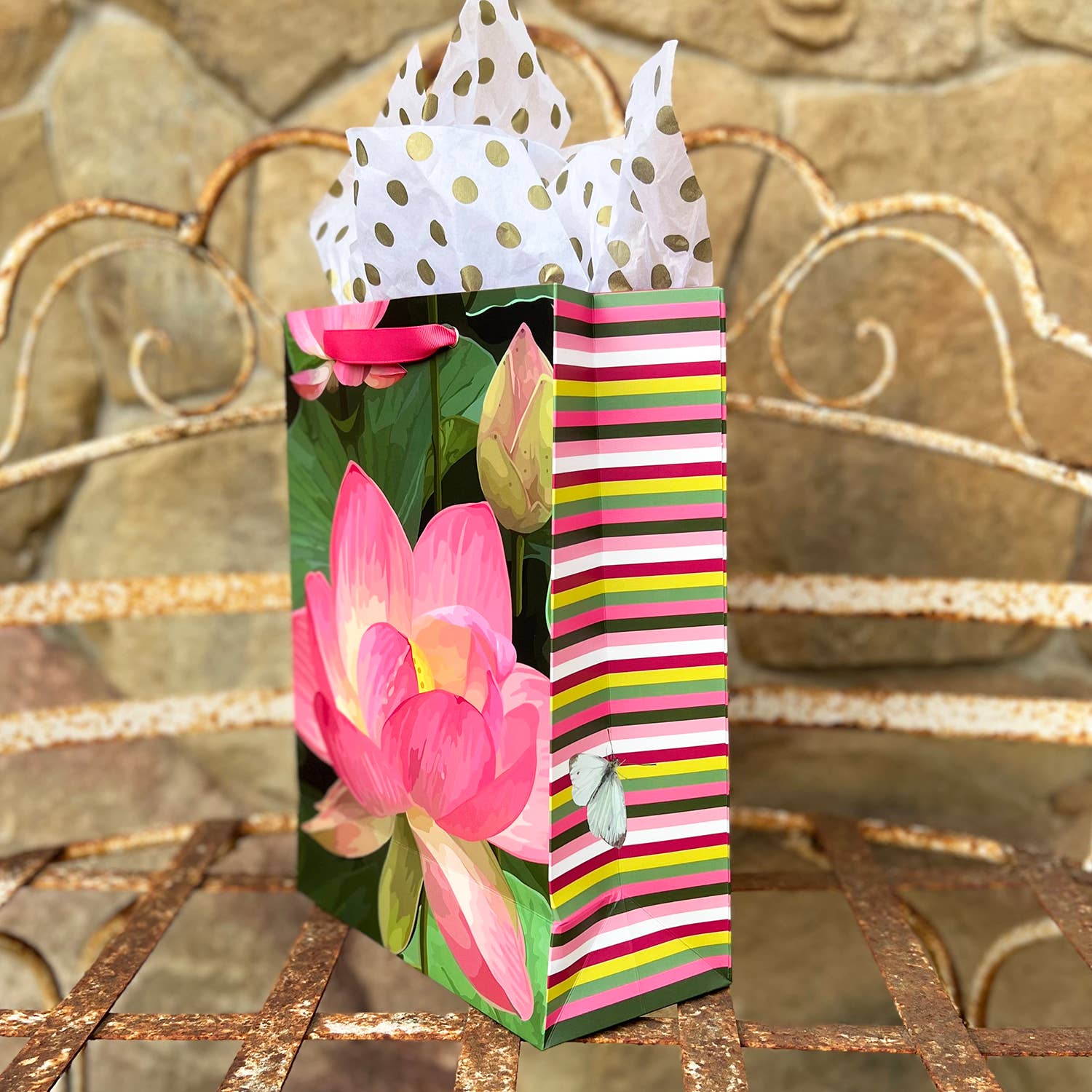 The Red Barn Press - Wholesale Gift Bag - LARGE Floral Gift Bag | Pink Lotus on Deep Green Botanical2