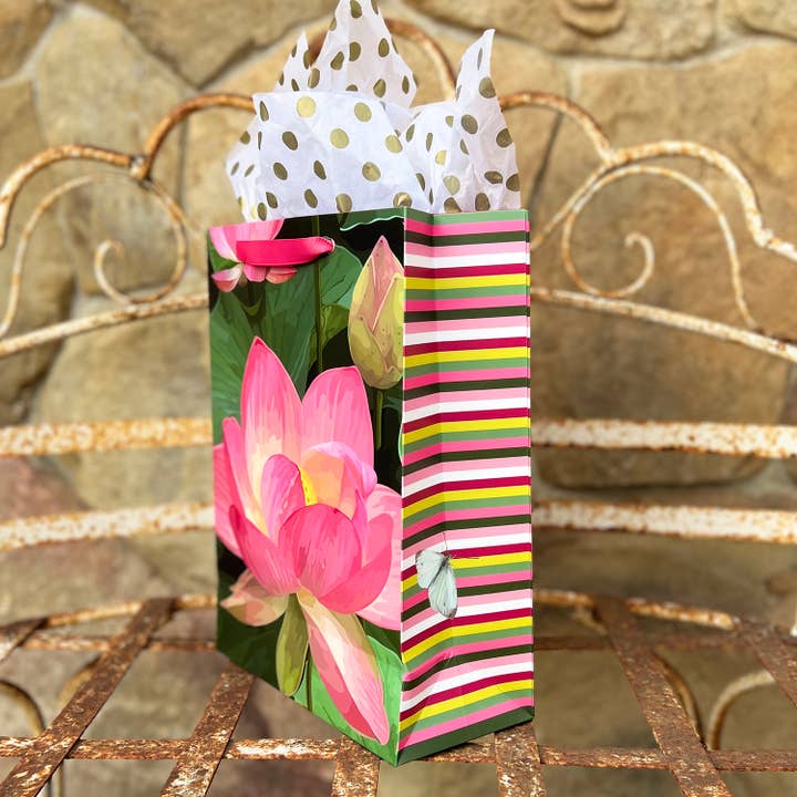 The Red Barn Press - Wholesale Gift Bag - LARGE Floral Gift Bag | Pink Lotus on Deep Green Botanical2