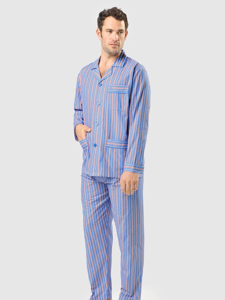 Stribet Poplin Lapel Lang Pyjamas til mænd - Blå 1534 for engroshandel hos El Búho Nocturno