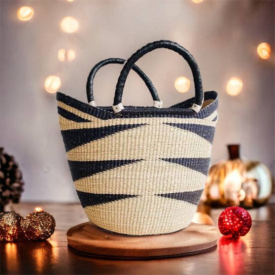 The African Home Goods - Wholesale Beach Bag - Large U-Shopper - Beach Tote Bag Ghana Basket Black & Tan5