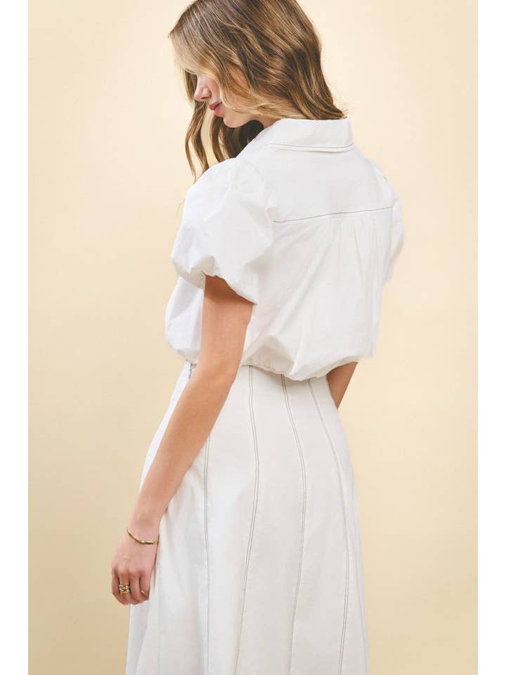 White CT9355-Bubble Sleeves Contrast topstitching Detail Top for wholesale on Faire