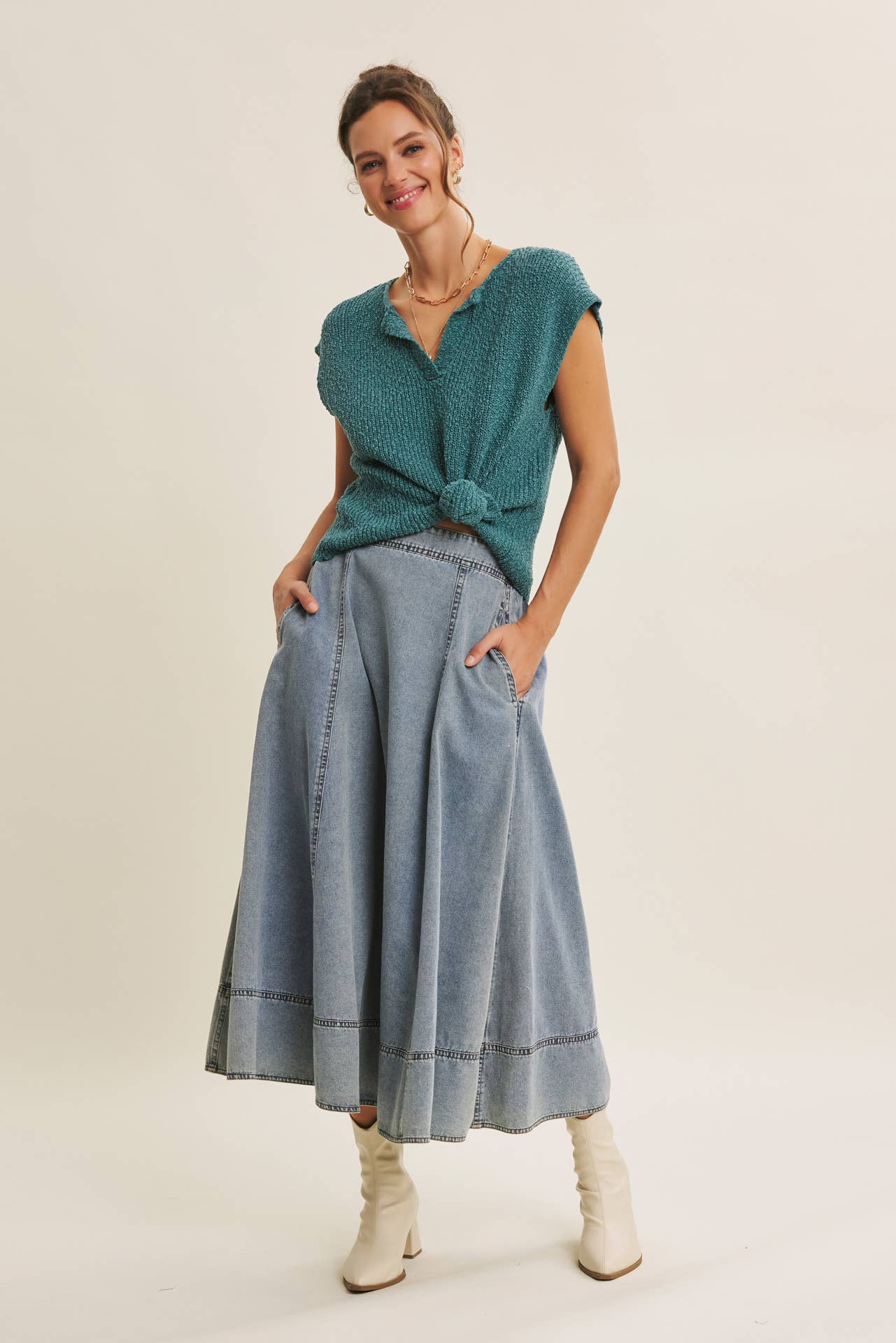 in february - Wholesale Knit Sweater - Women's - RELAXED FIT SLUB KNIT SWEATER TOP WITH SPLIT NECK42