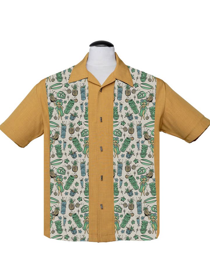 Hula & Cocktails Bowling Shirt in Mustard for wholesale by Steady Clothing