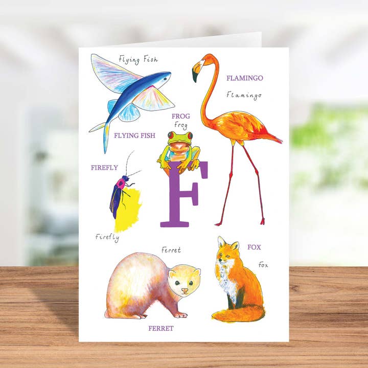 Carta Animal Alphabet F per la vendita all'ingrosso da parte di Sarah Gregory Designs